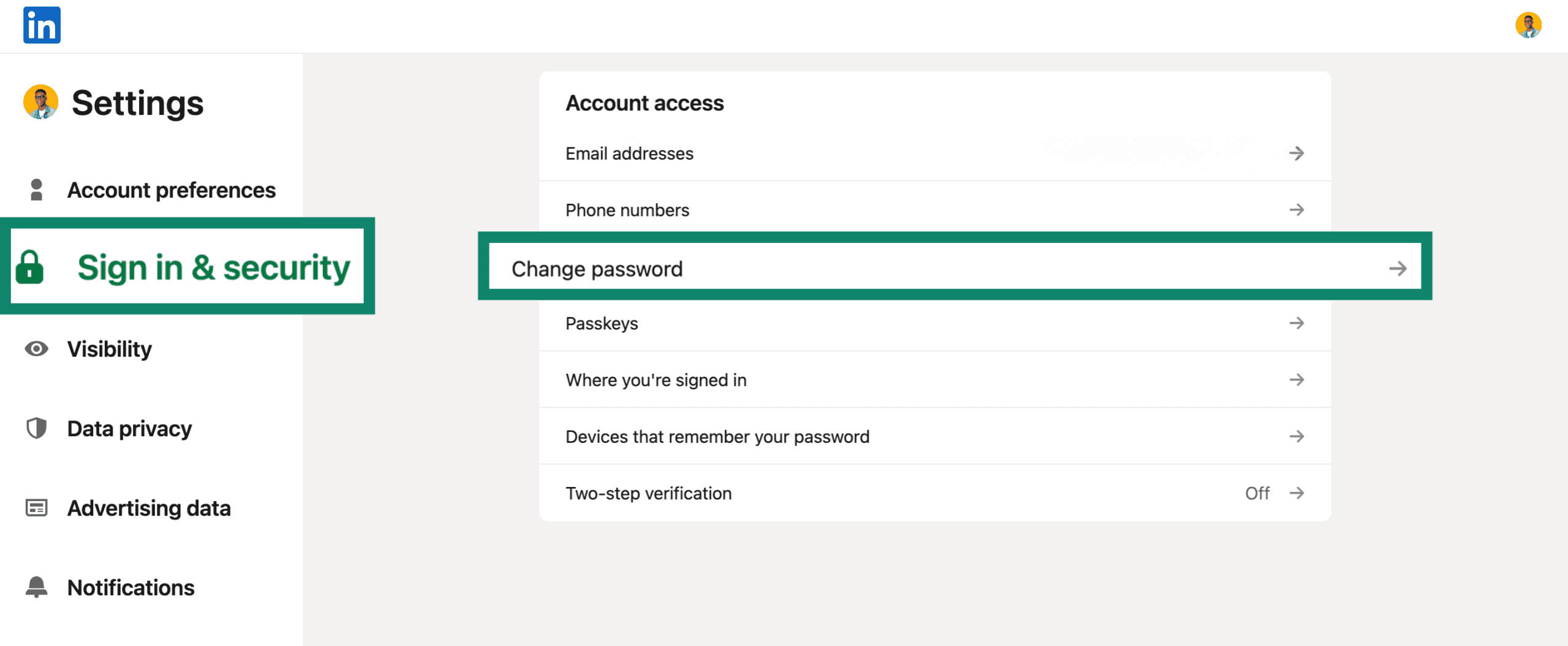 Screenshot of the LinkedIn Settings page with the 'Sign in & security' tab selected and the 'Change password' option highlighted.