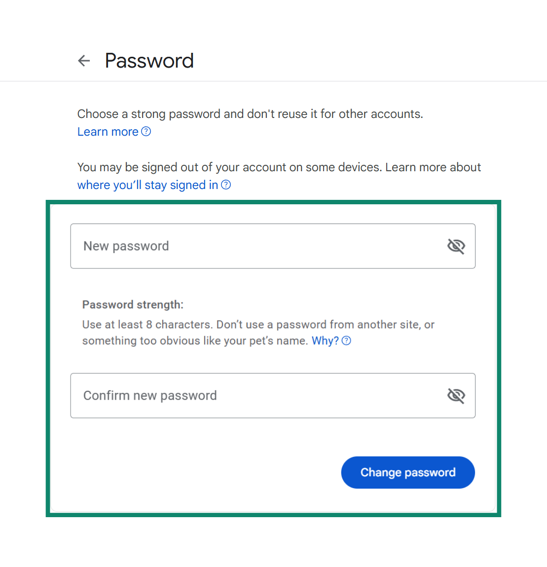 Google Account password settings