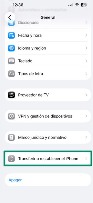 The General settings menu of an iPhone, with the Transfer or Reset iPhone option highlighted.
