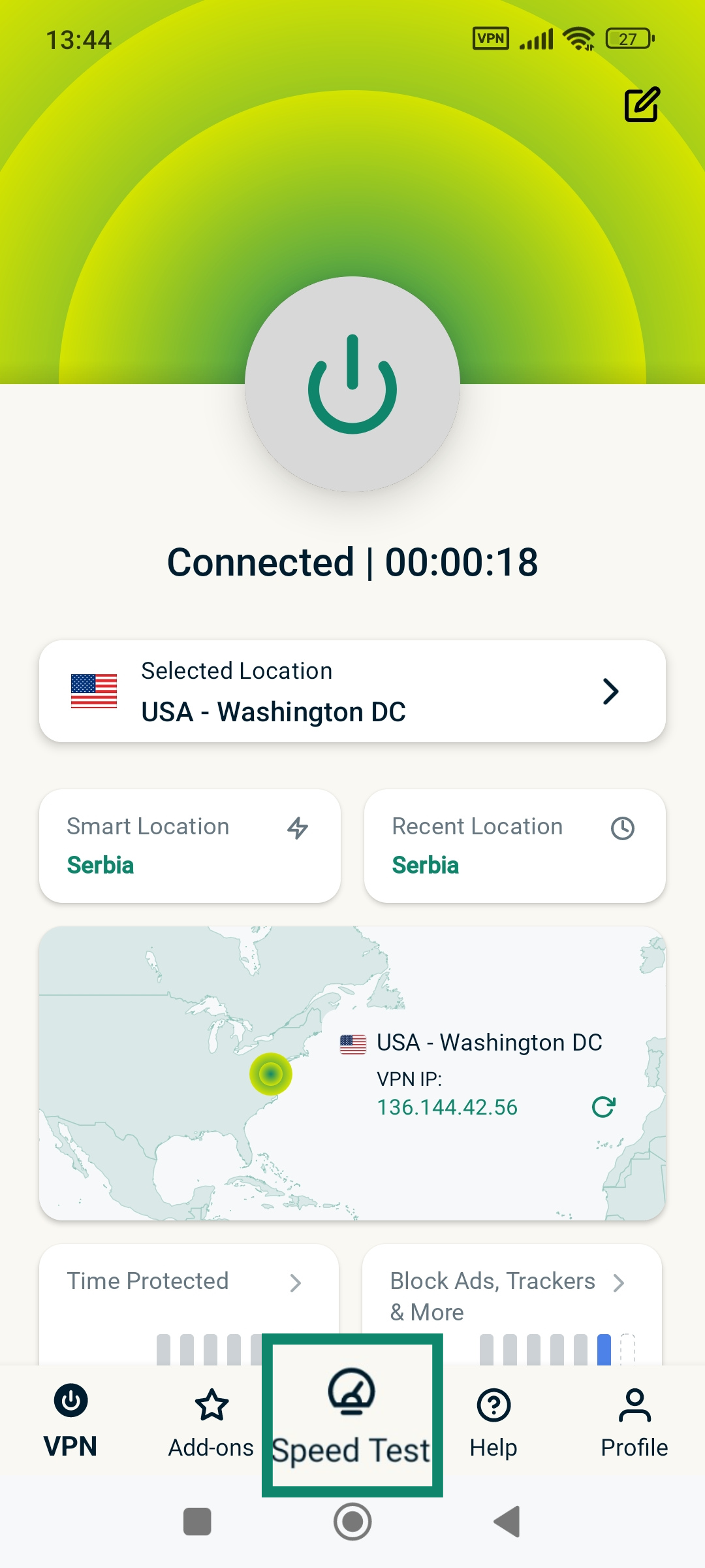 ExpressVPN mobile app Speed Test option.