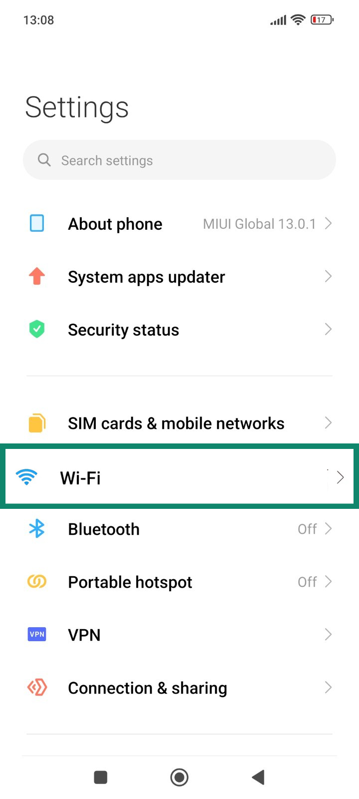 The Android Settings menu, showing the Wi-Fi button.