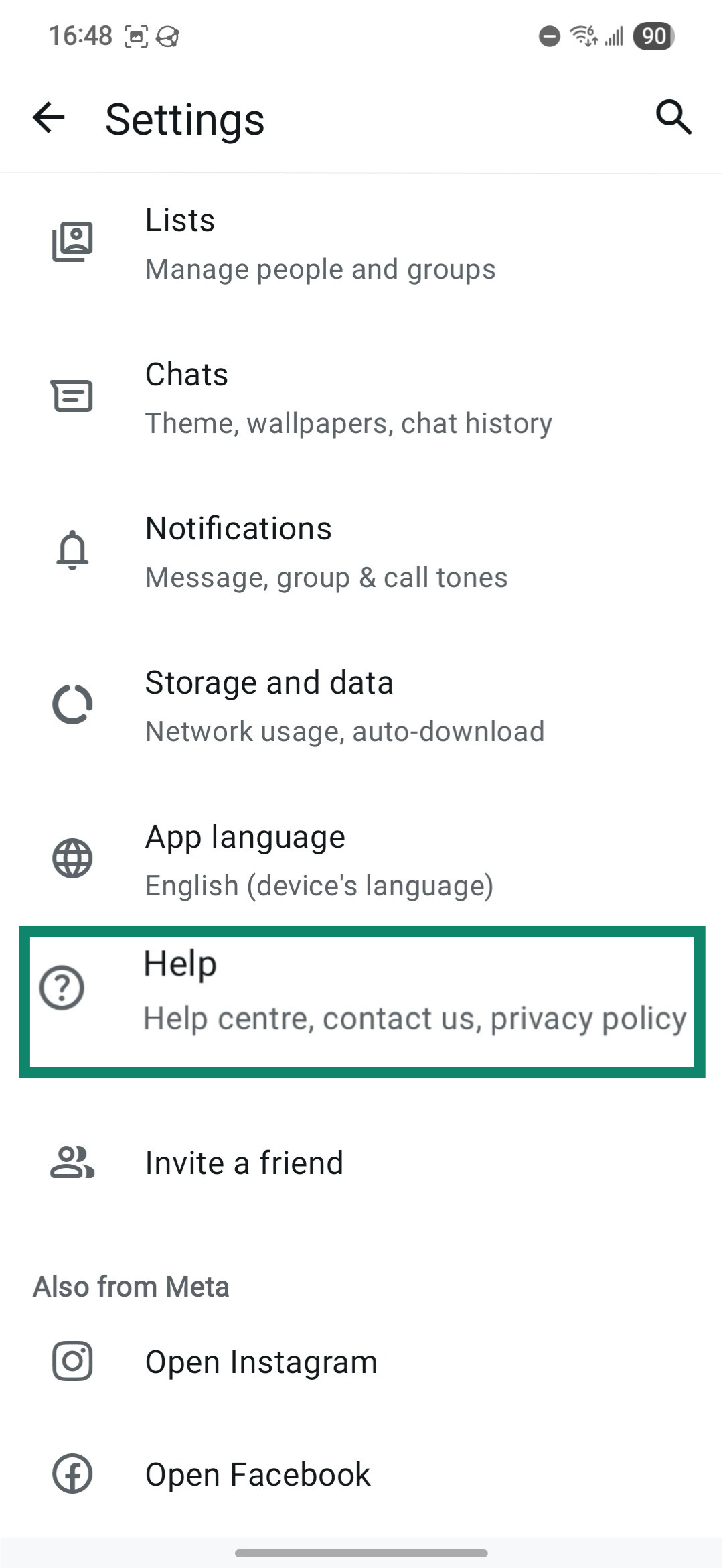 WhatsApp's settings menu showing the help panel.