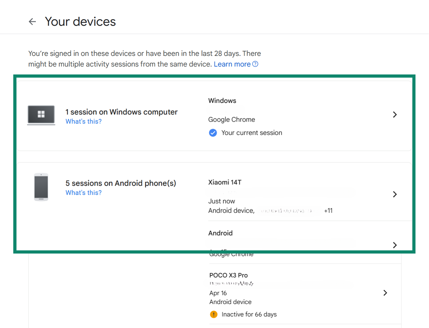 Google Account “Your devices” page displaying one session on a Windows computer and five sessions on an Android phone labeled Xiaomi 14T.