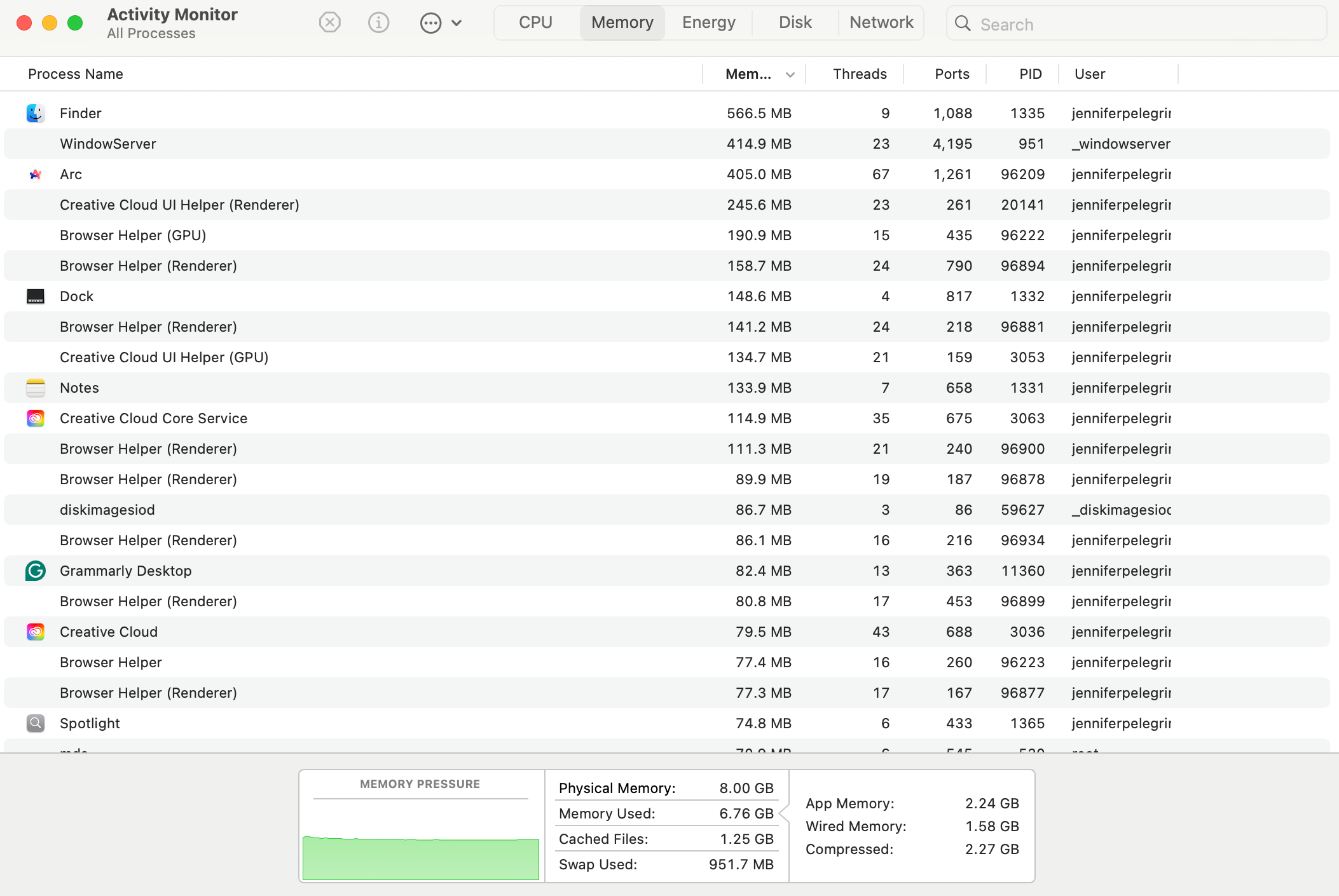 Activity Monitor with Arc memory usage on macOS