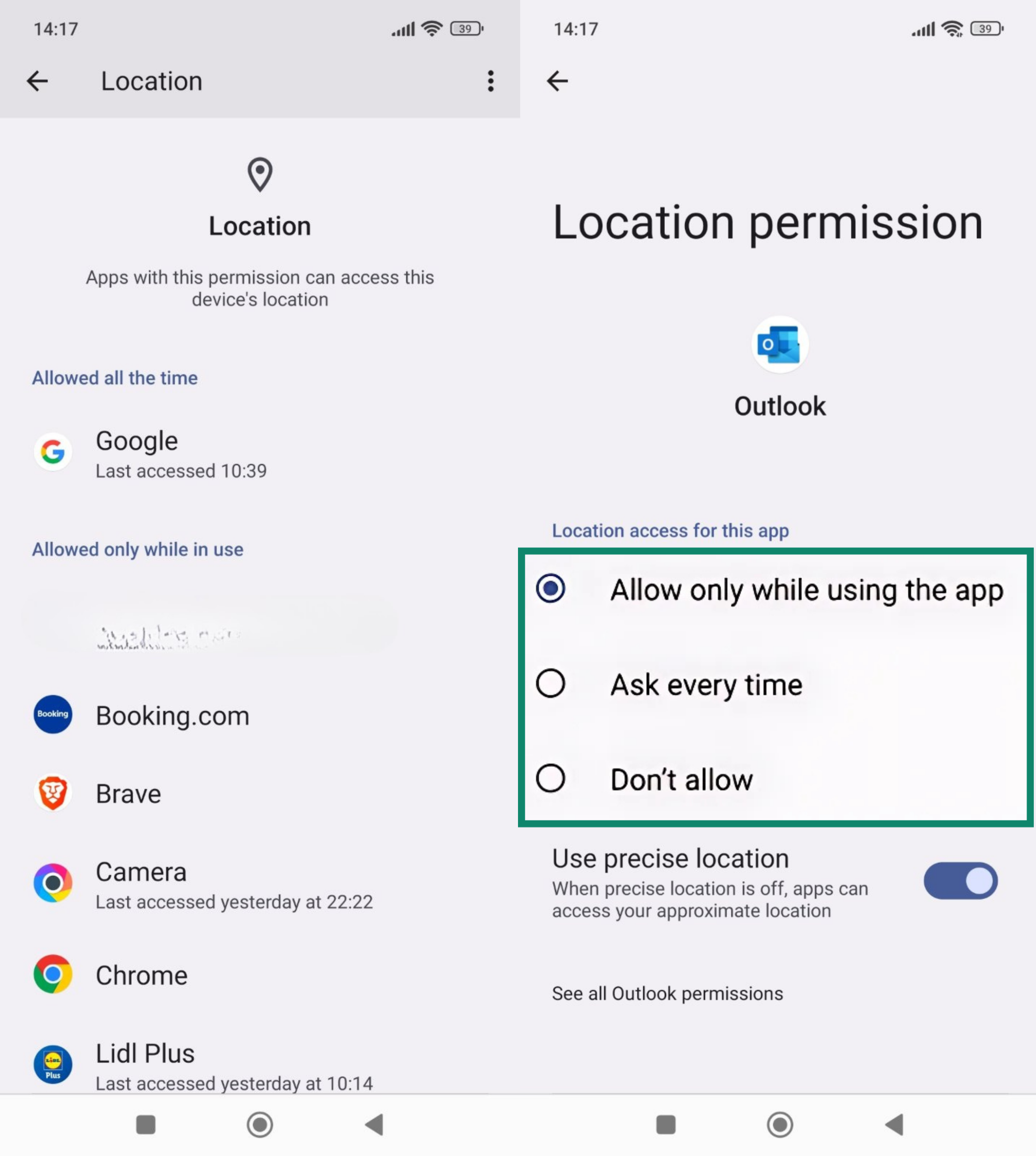 A list of Android apps with their level of location access (left) and location access for Outlook with all options visible (right)