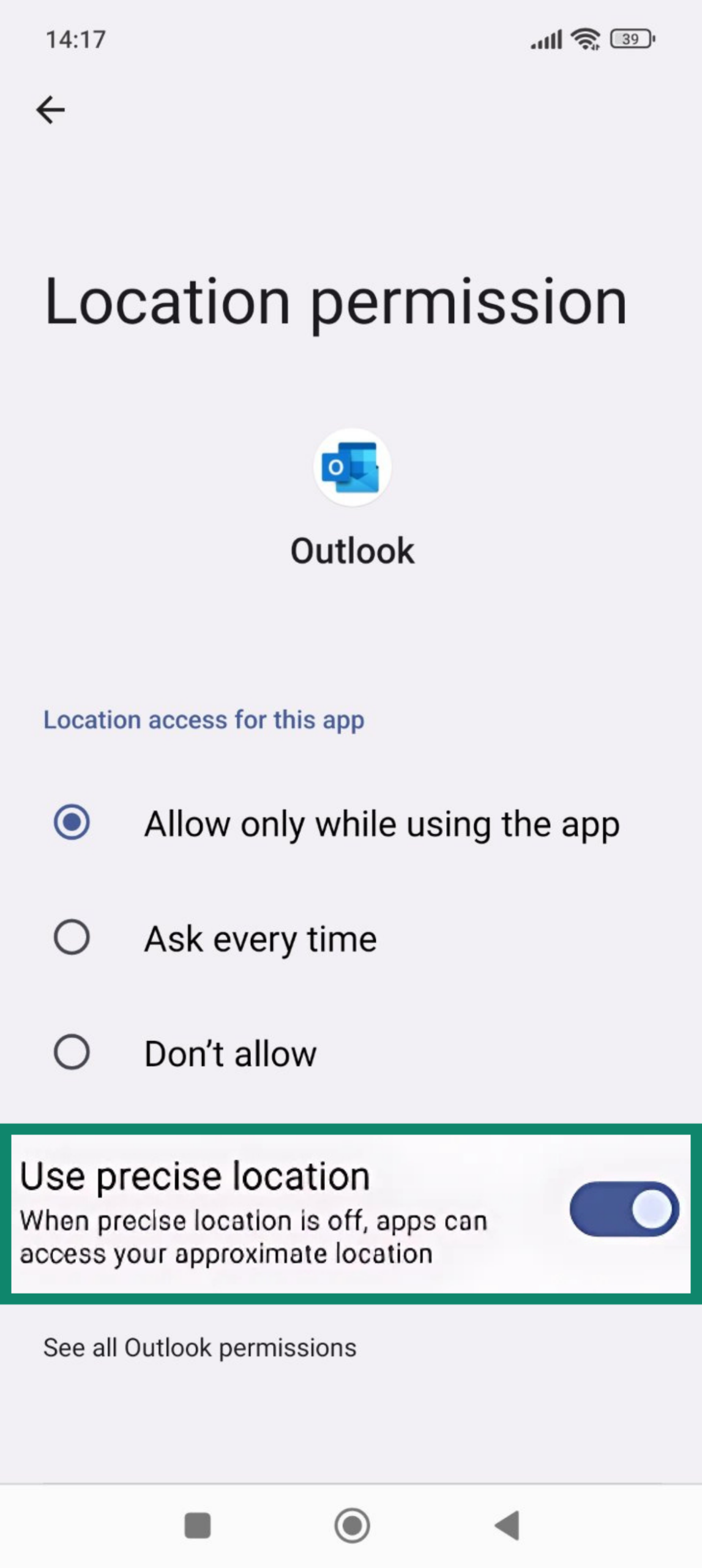 Location permission for Outlook, with the Use precise location highlighted and toggled on