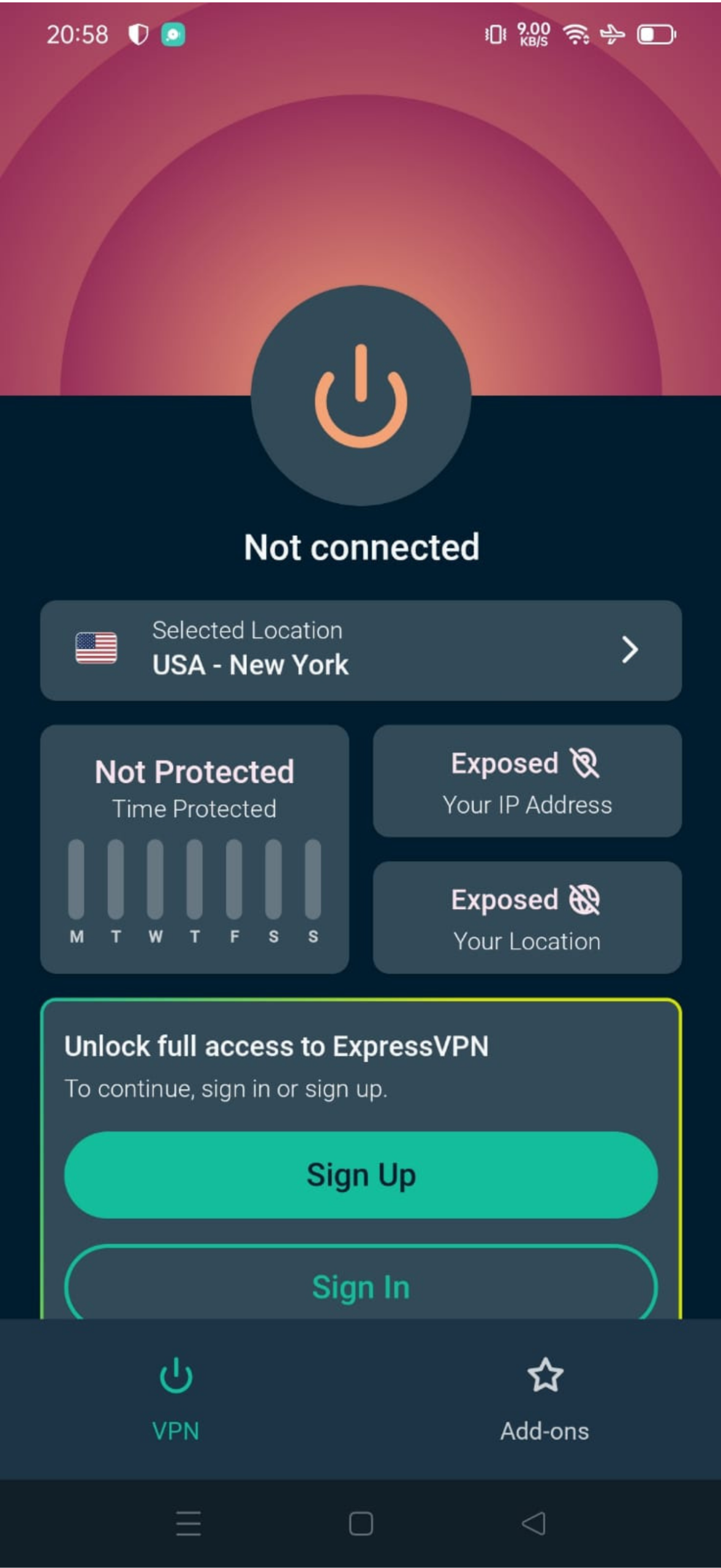 ExpressVPN's Android app with options to sign up or sign in