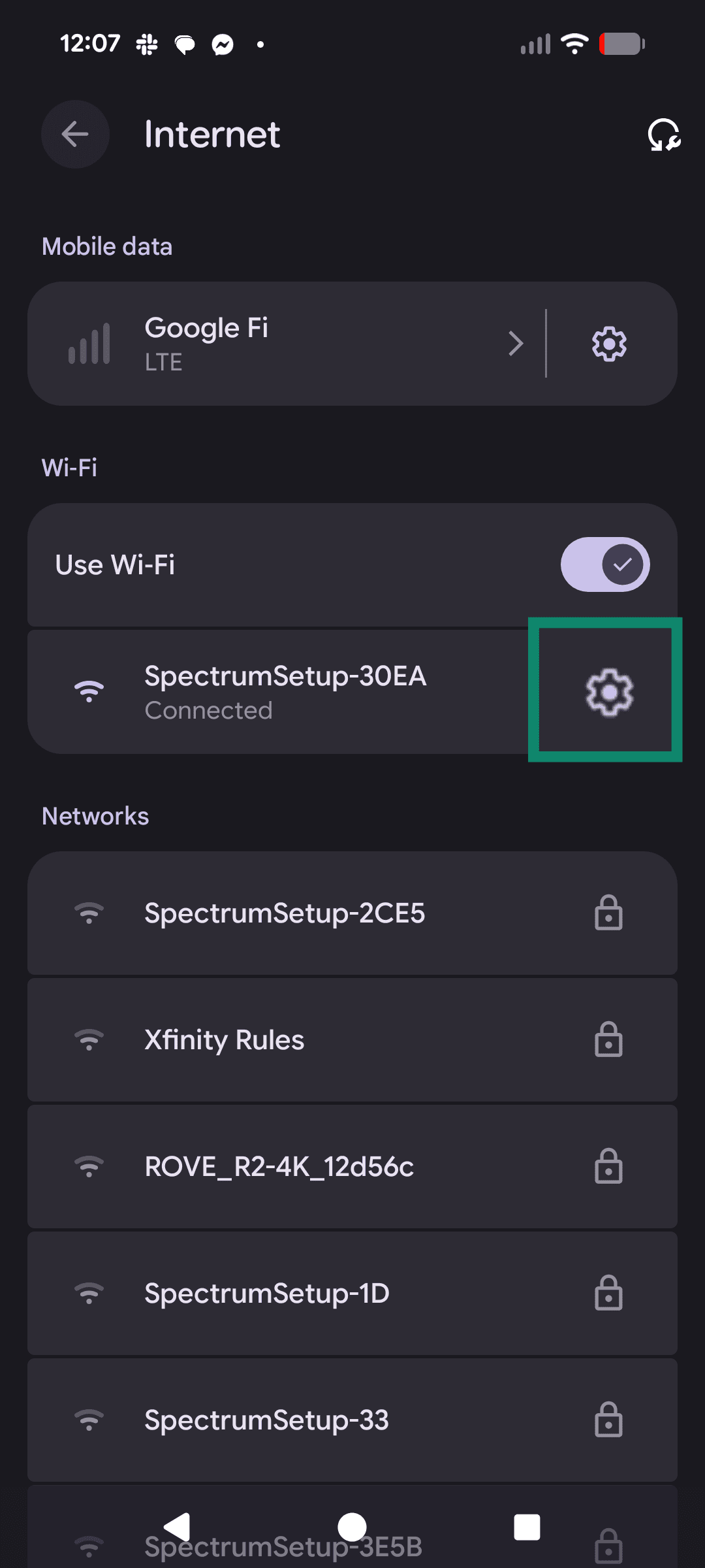 Android Wi-Fi settings with connected network gear icon highlighted.