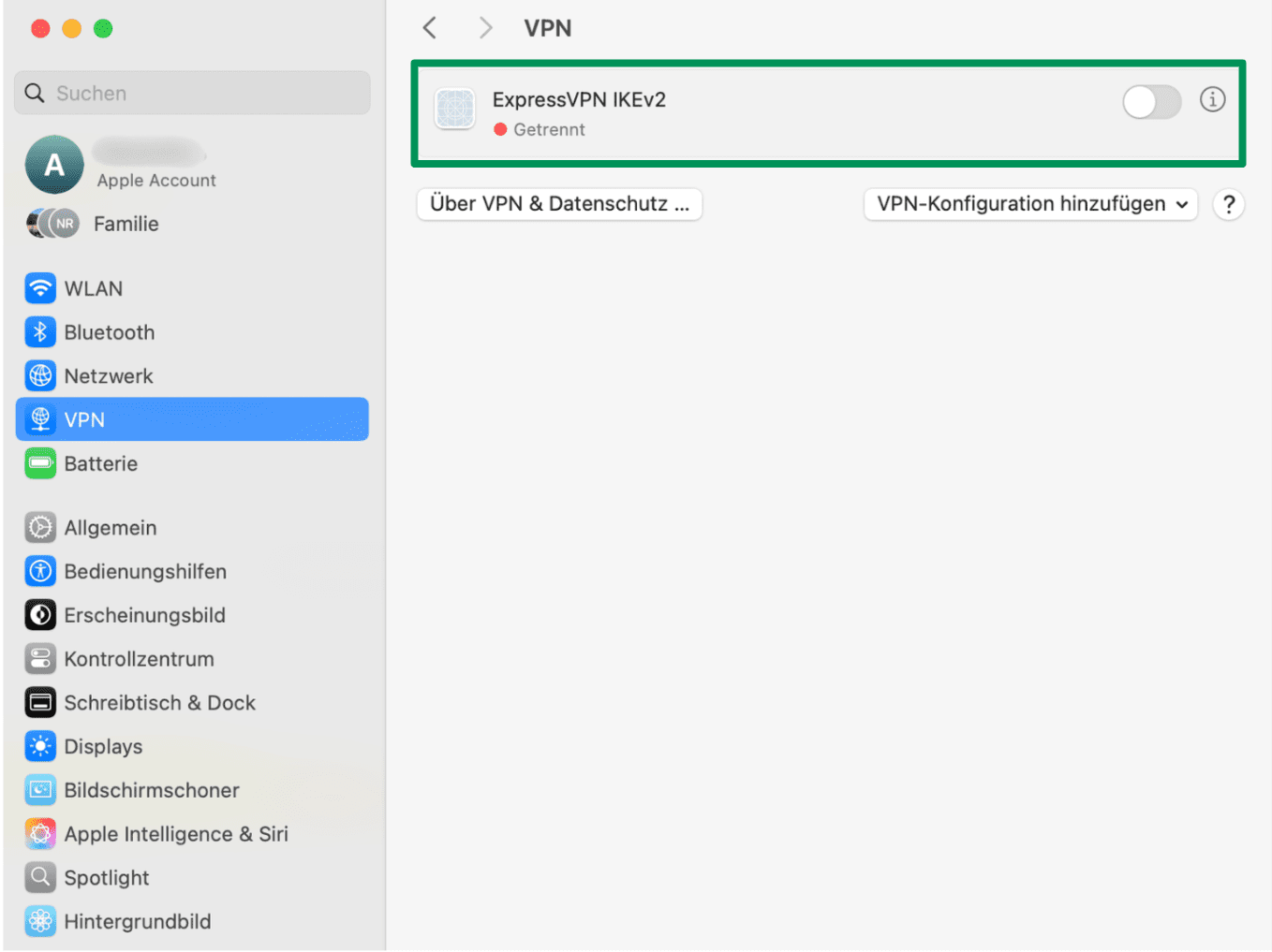 A screenshot of the VPN settings on a Mac, showing the option to toggle the VPN connection off or on.