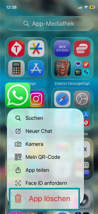 iOS home screen, showing the WhatsApp app quick actions, with the "Remote App" option highlighted.