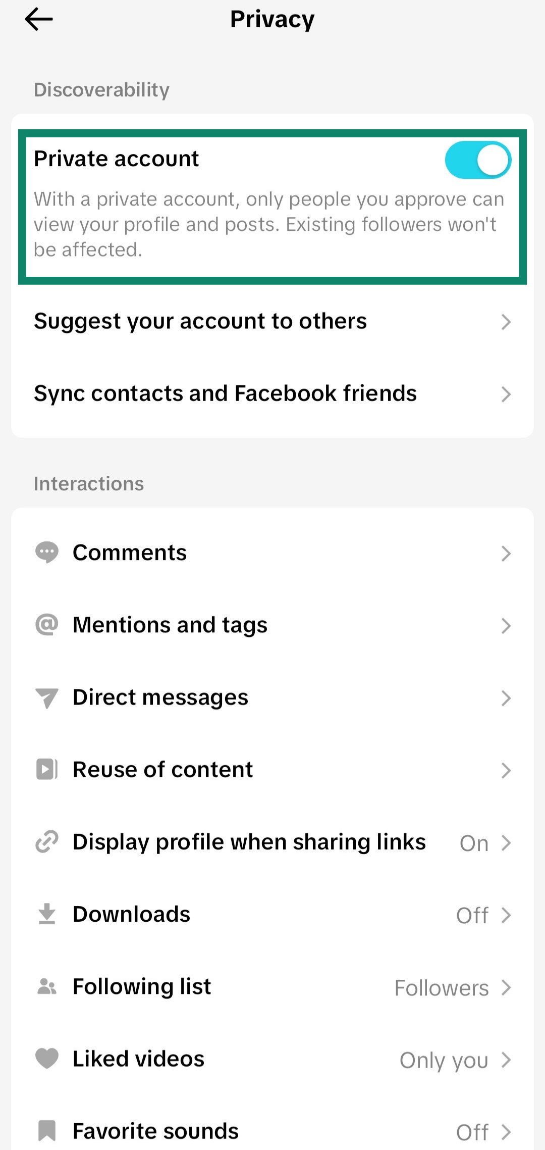 Screenshot showing how to enable the Private account feature from TikTok's settings