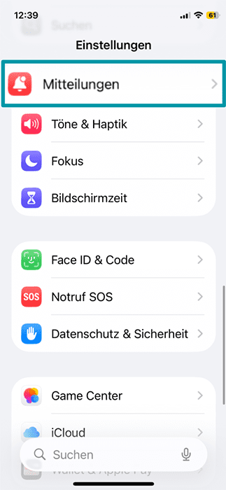 The Settings menu on iPhone.