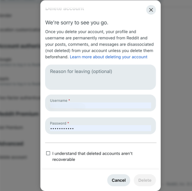 Reddit final account deletion page on desktop.
