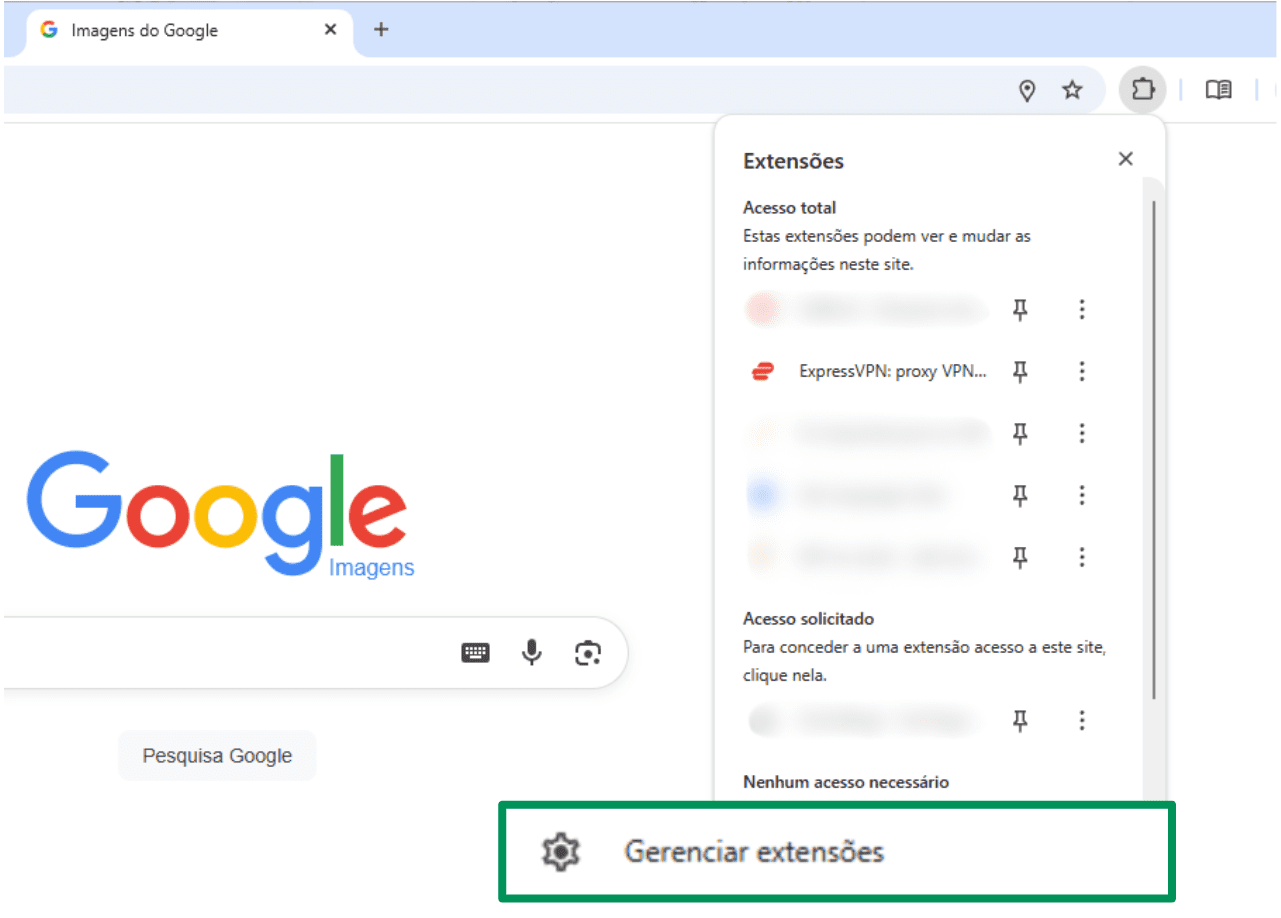 A screenshot of Google Chrome, showing the Manage Extensions button.