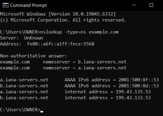 A Windows command prompt terminal response showing the nameservers for a specified domain.