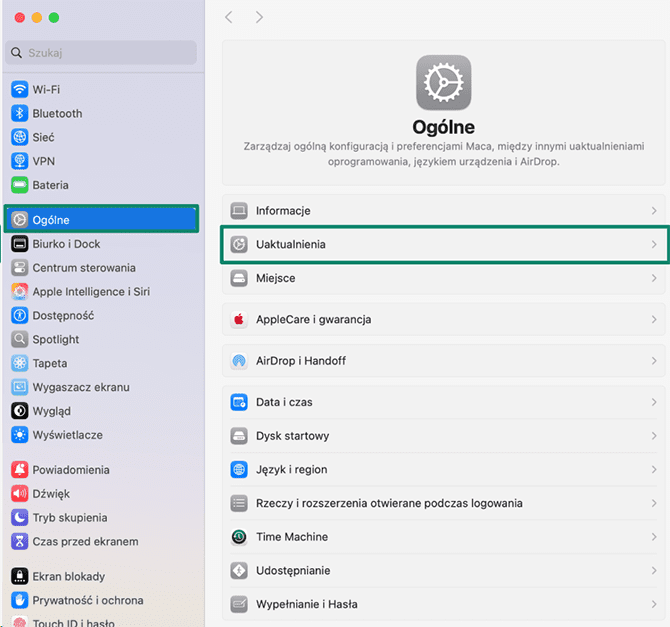 The General tab of the Mac settings window, with the Software Update menu highlighted.