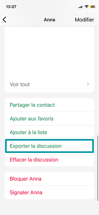 The Export chat option in in WhatsApp individual chat menu.