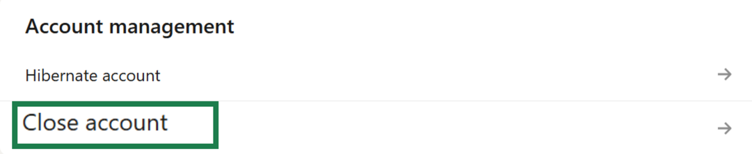The "Account management" section of LinkedIn settings, with the ‘Close account’ option highlighted.
