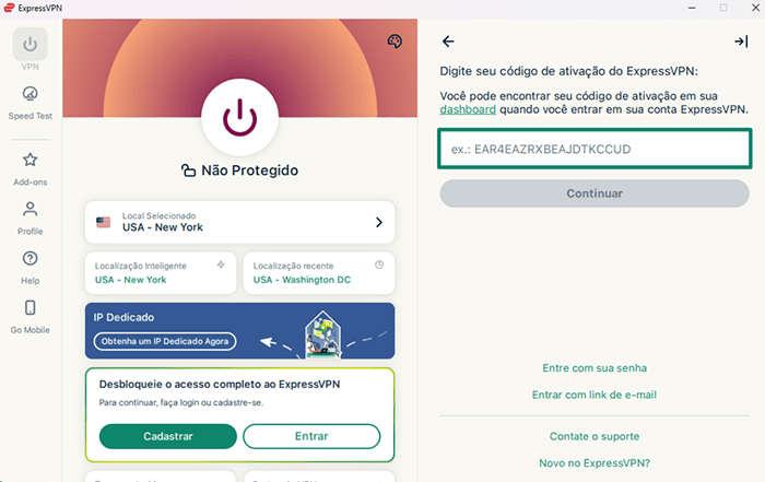 ExpressVPN's Windows app, showing the activation code placeholder.