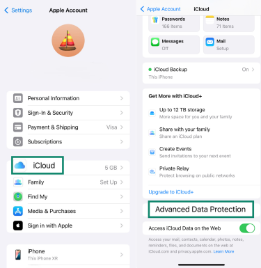 Side-by-side screenshots showing the path to find the ‘Advanced Data Protection’ option for iCloud in an iPhone’s settings.