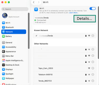 MacOS Wi-Fi settings.