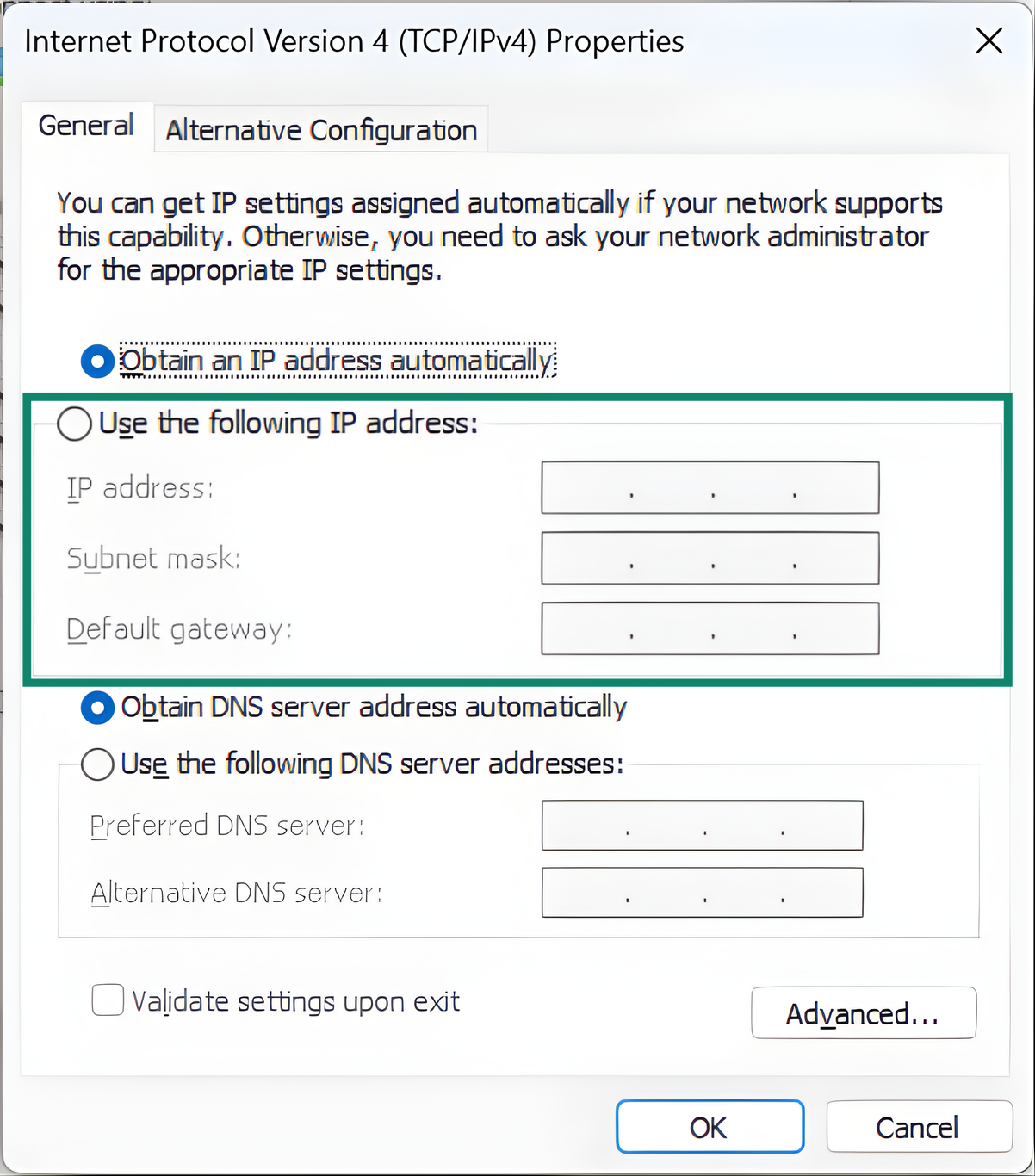 Windows 11 IPv4 user menu, with the option to manually add an IP address, along with a subnet mask and a default gateway highlighted.