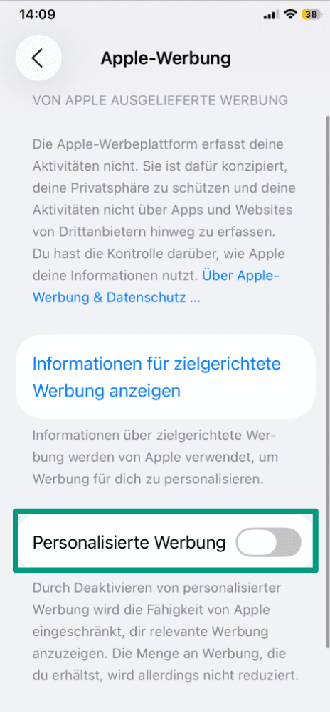 Screenshot of the iPhone Apple Advertising menu showing the