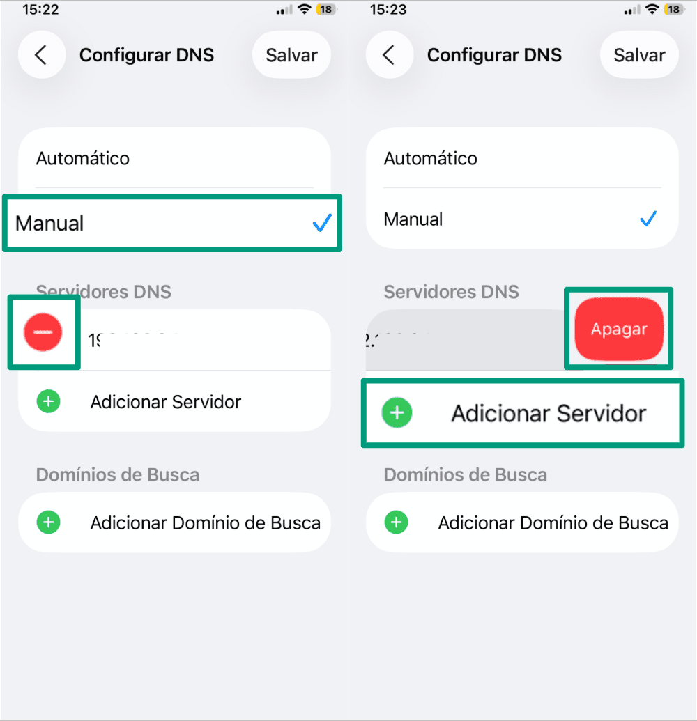 iOS Configure DNS settings with the Manual configuration selected and the Delete, Add Server, and Remove server buttons highlighted