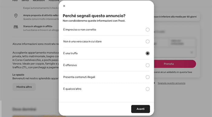 Airbnb listing page showing how to report a listing.