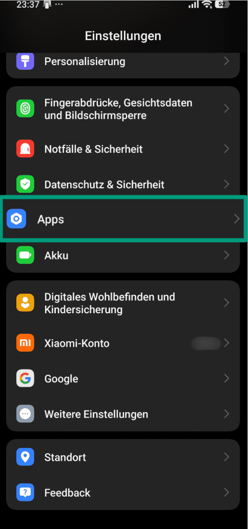 A screenshot of the Android Settings menu, showing the Apps menu option.