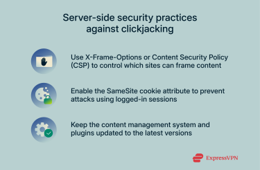 An infographic showing three main server-side protection methods against clickjacking