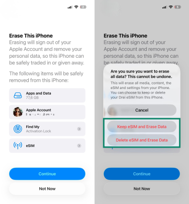 Two iPhone screenshots side by side. The first image shows the "Erase This iPhone" window, and the second image shows the confirmation prompt for the iPhone erasure process. The "Keep eSIM and Erase Data" and "Delete eSIM and Erase Data" buttons in the second image are highlighted.