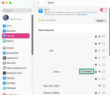 The Network settings menu on macOS, showing Wi-Fi settings and network options, with a highlighted "Connect" button next to one of the available networks.