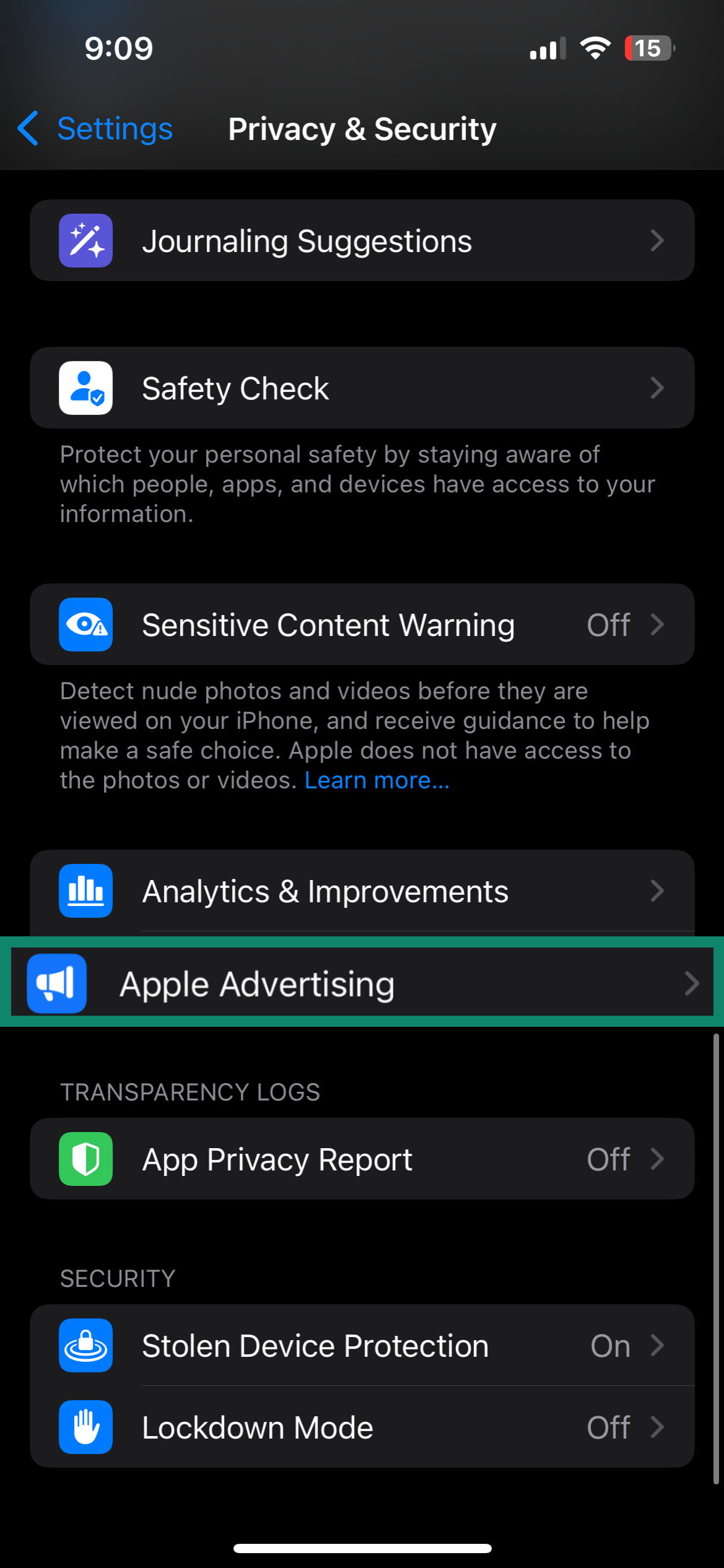 Screenshot of the iPhone Privacy & Security menu with the “Apple Advertising” option highlighted.