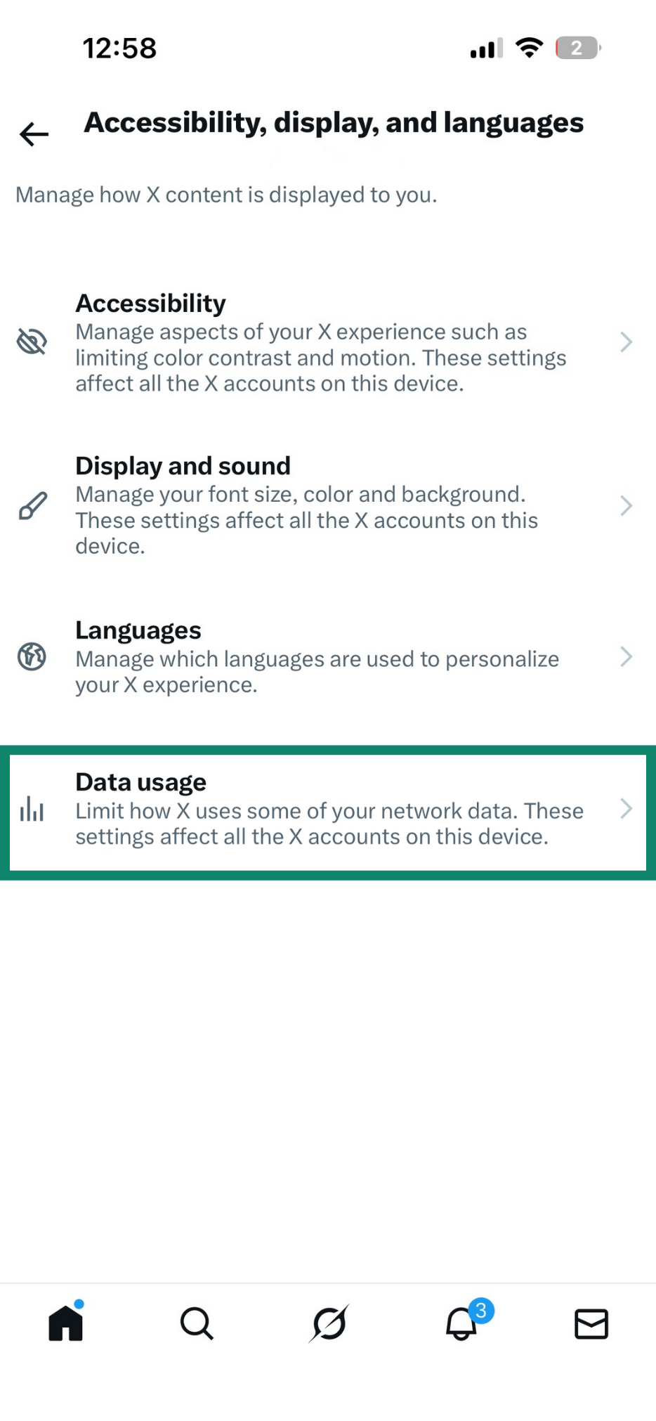 Accessibility, display, and language menu on X, with a highlighted 