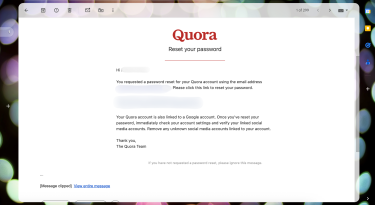 Quora password reset email.