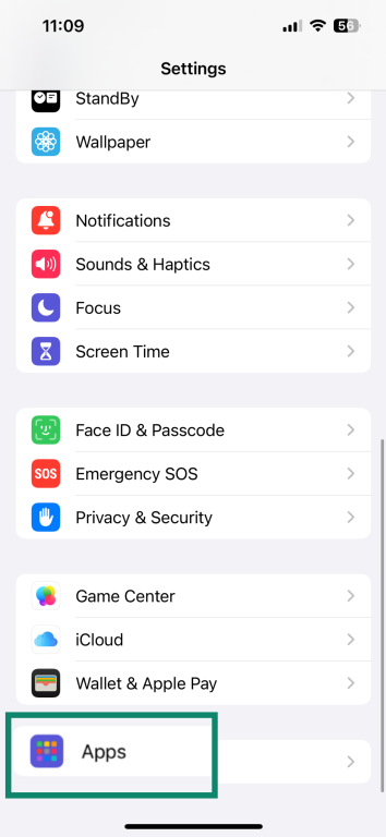 Screenshot showing the Apps option in the iPhone Settings menu