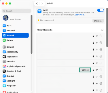 The " Connect" button next to the selected network In Network settings.
