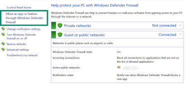 The Windows Defender Firewall status page in Control Panel, with "Allow an app or feature through Windows Defender Firewall" highlighted in the sidebar.