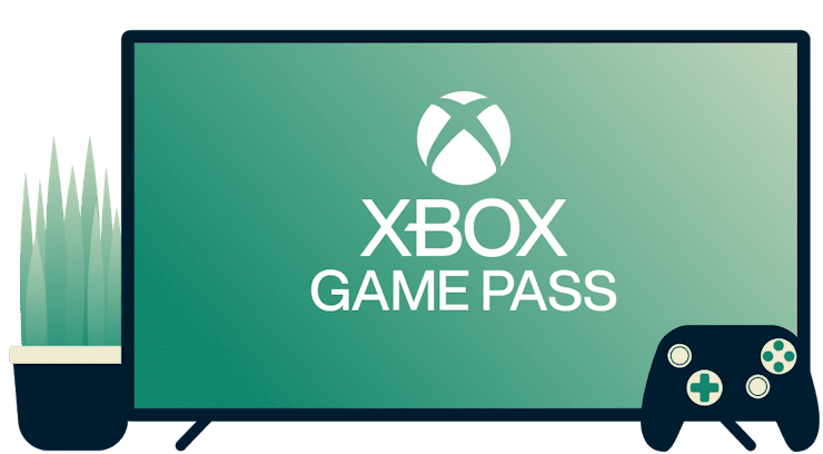 Экран с логотипом Xbox Game Pass, контроллером и цветком в горшке.