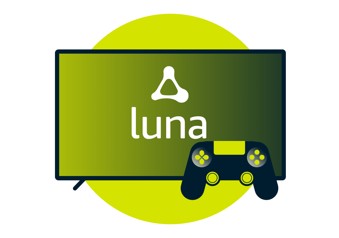 Amazon Luna logo op scherm met een controller.