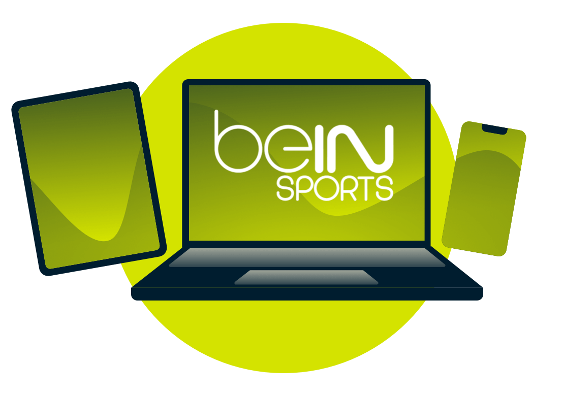 Un portátil, una tableta y un teléfono con el logotipo de Bein.