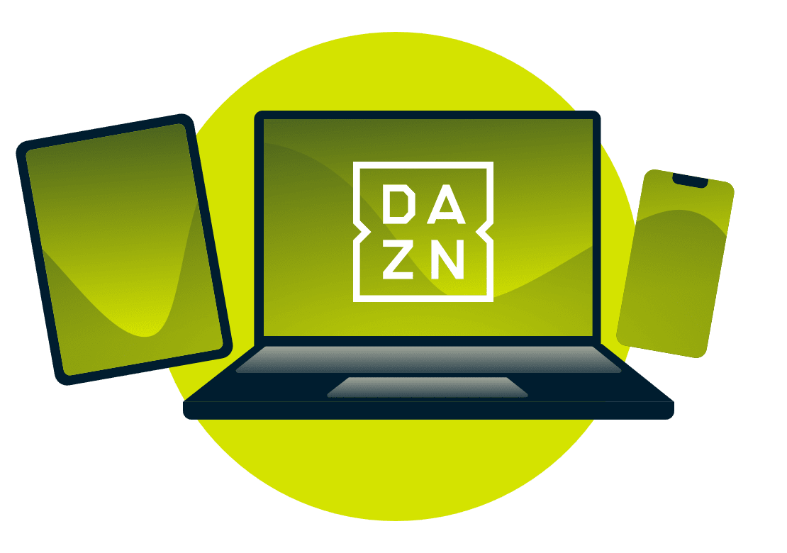 Um laptop, tablet e telefone, com o logotipo do DAZN.