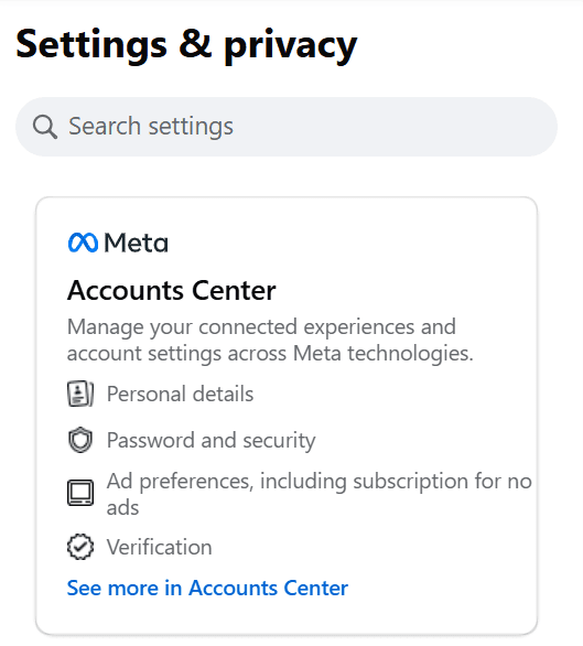 Settings & privacy screen displaying the Meta Accounts Center card, which links to personal details and password settings.