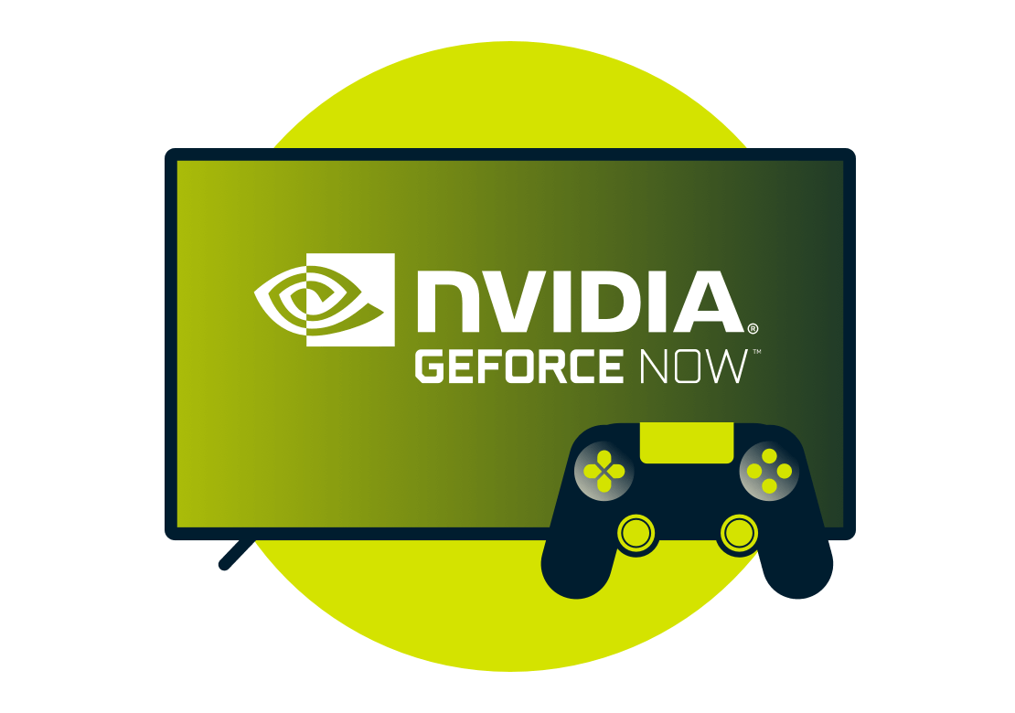 Логотип Nvidia GeForce Now на экране и джойстик