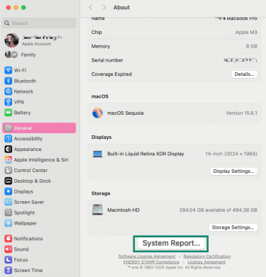 System Information window showing Hardware details for the MacBook Pro.
