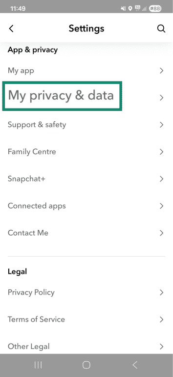 Snapchat app settings on Android with the My privacy & data option highlighted.