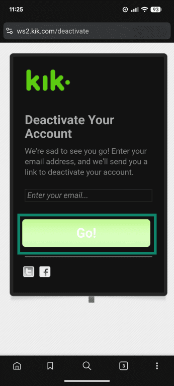 The Kik account deactivation page, with the Go button highlighted.