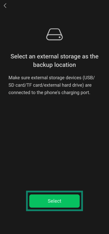Selecting external storage device for chat backup after connecting it to mobile phone.