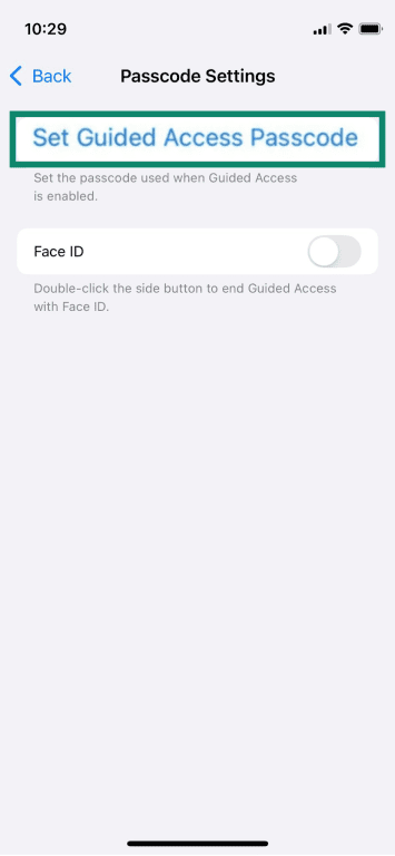 The Passcode Settings window, showing the Face ID toggle and option to set a passcode for Guided Access.